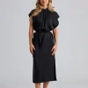 Belted Stand Collar Dress Black