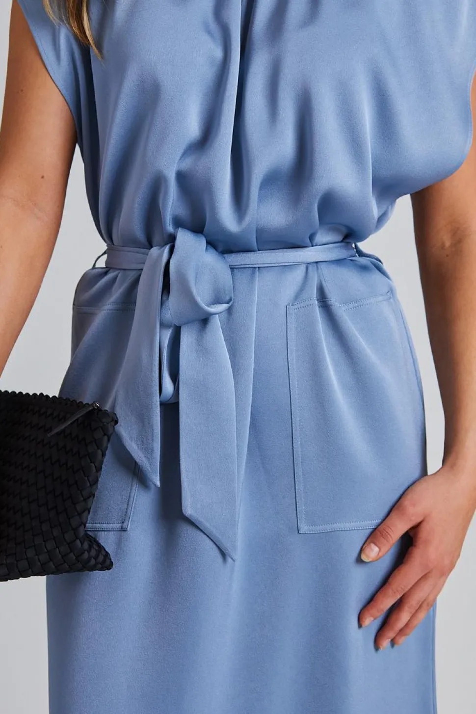 Belted Stand Collar Dress Air Blue