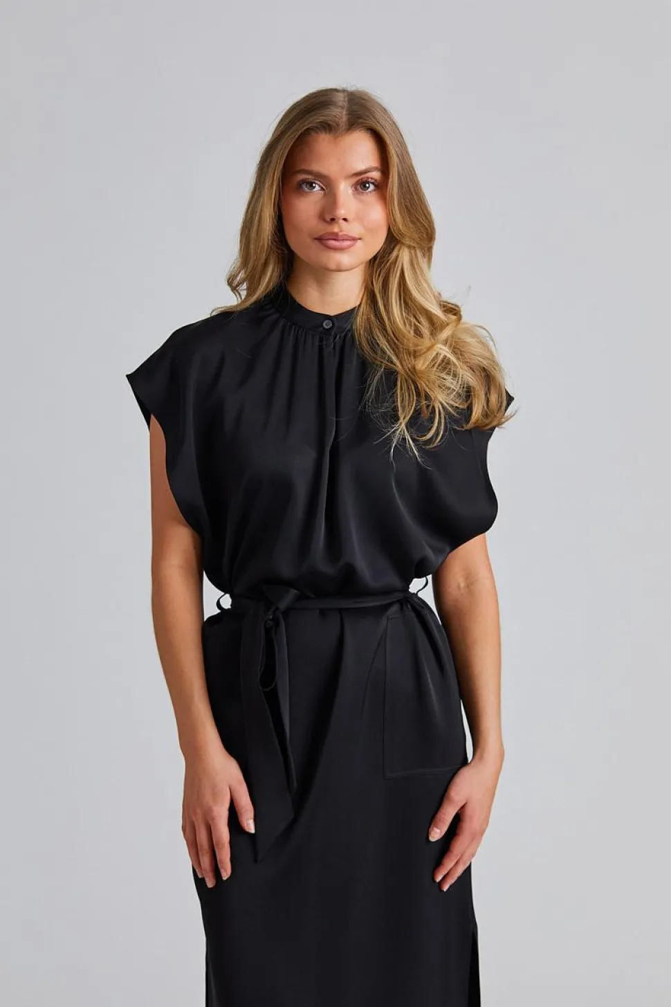Belted Stand Collar Dress Black