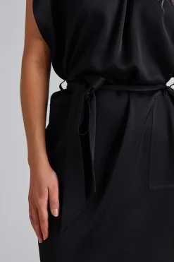 Belted Stand Collar Dress Black