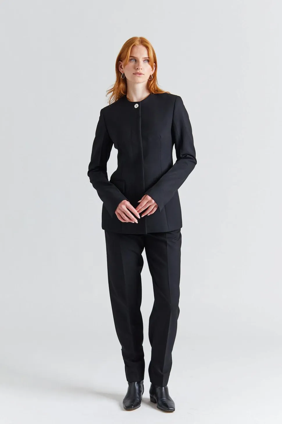 Collarless Cinched Buckled Slouch Suit Black