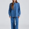 Collarless Denim Shirt Vibrant Blue