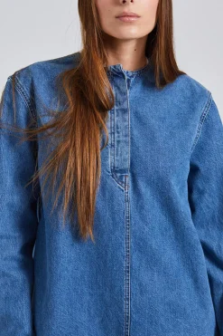 Collarless Denim Shirt Vibrant Blue