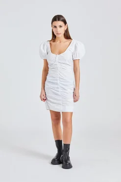Cotton Poplin Gathered U-Neck Mini Dress Bright White