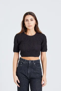 Cotton Poplin O-Neck Cropped Smock Top Bkack