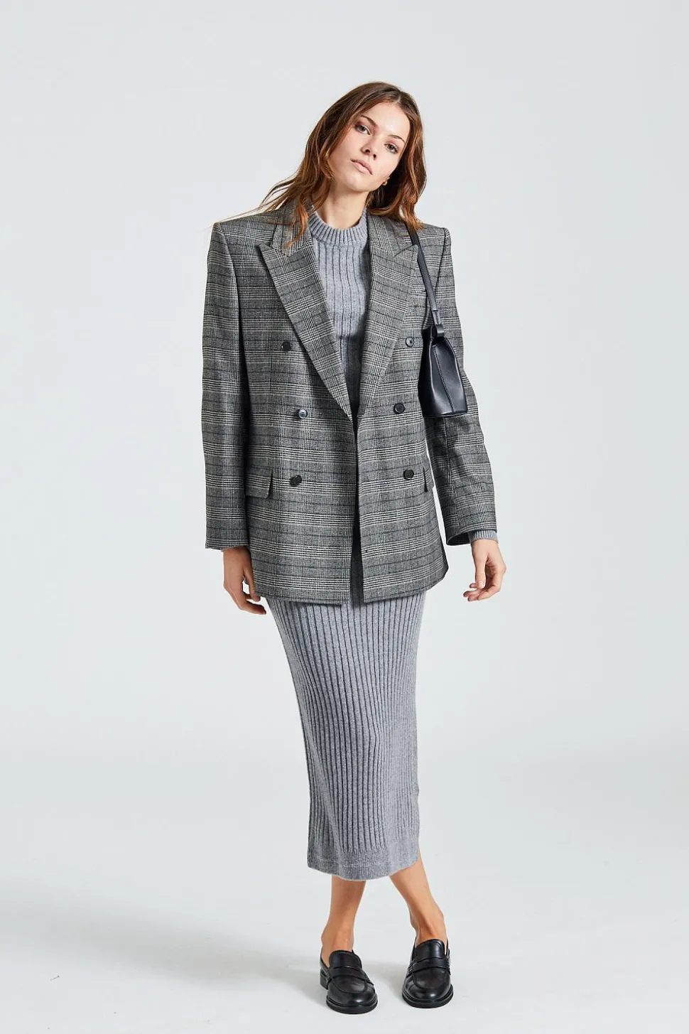 Double Breasted Check Blazer Grey
