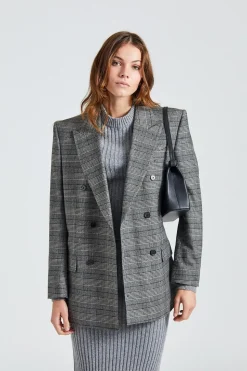 Double Breasted Check Blazer Grey