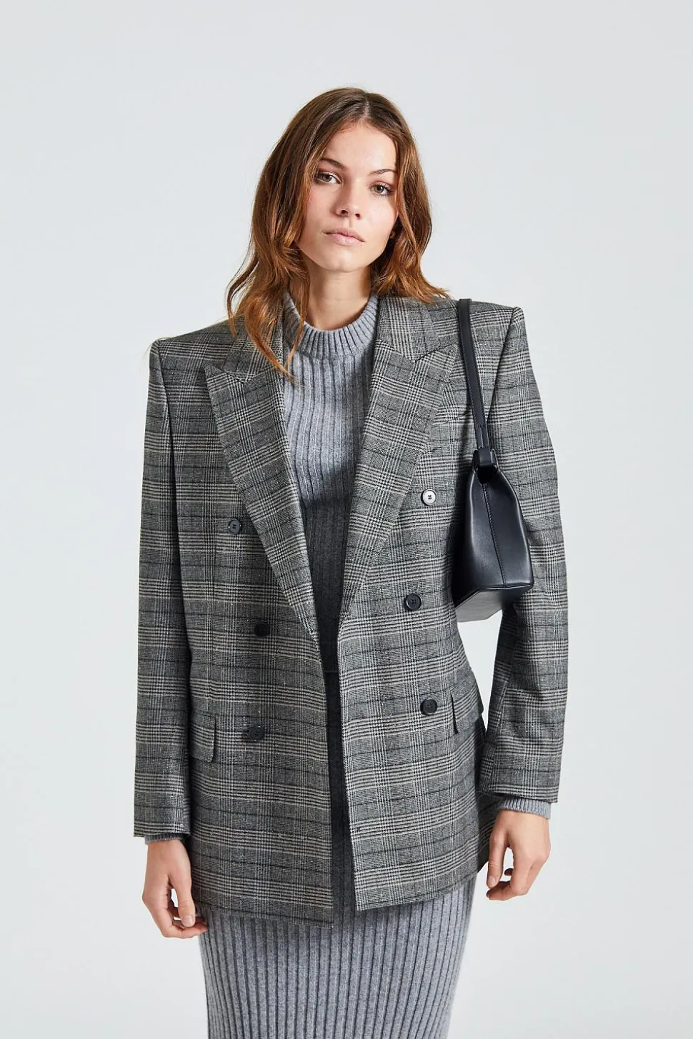 Double Breasted Check Blazer Grey