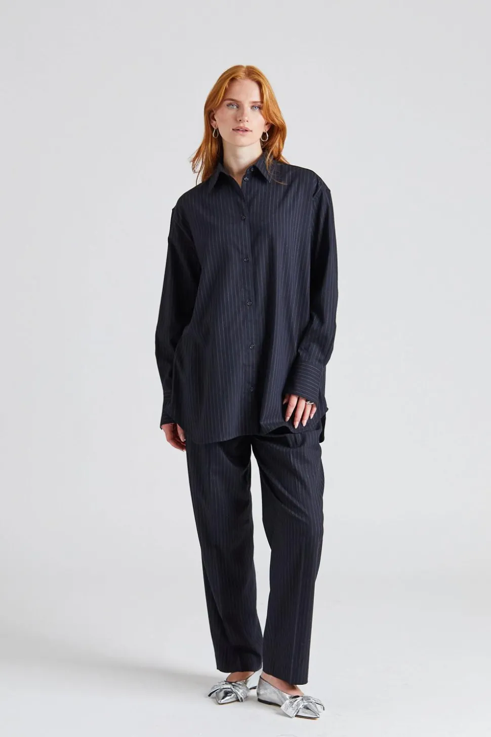 Double-Pleated Tailored Pinstripe Trousers Navy