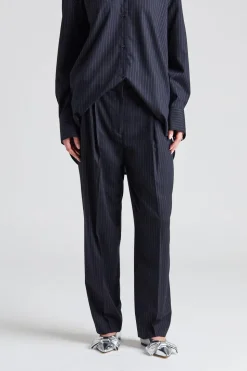 Double-Pleated Tailored Pinstripe Trousers Navy