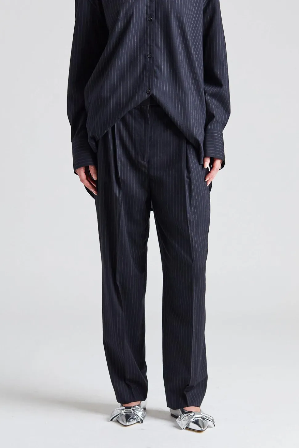 Double-Pleated Tailored Pinstripe Trousers Navy