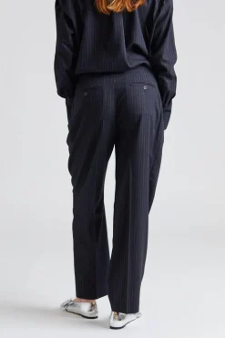 Double-Pleated Tailored Pinstripe Trousers Navy