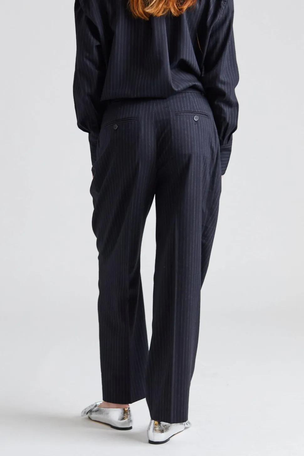 Double-Pleated Tailored Pinstripe Trousers Navy
