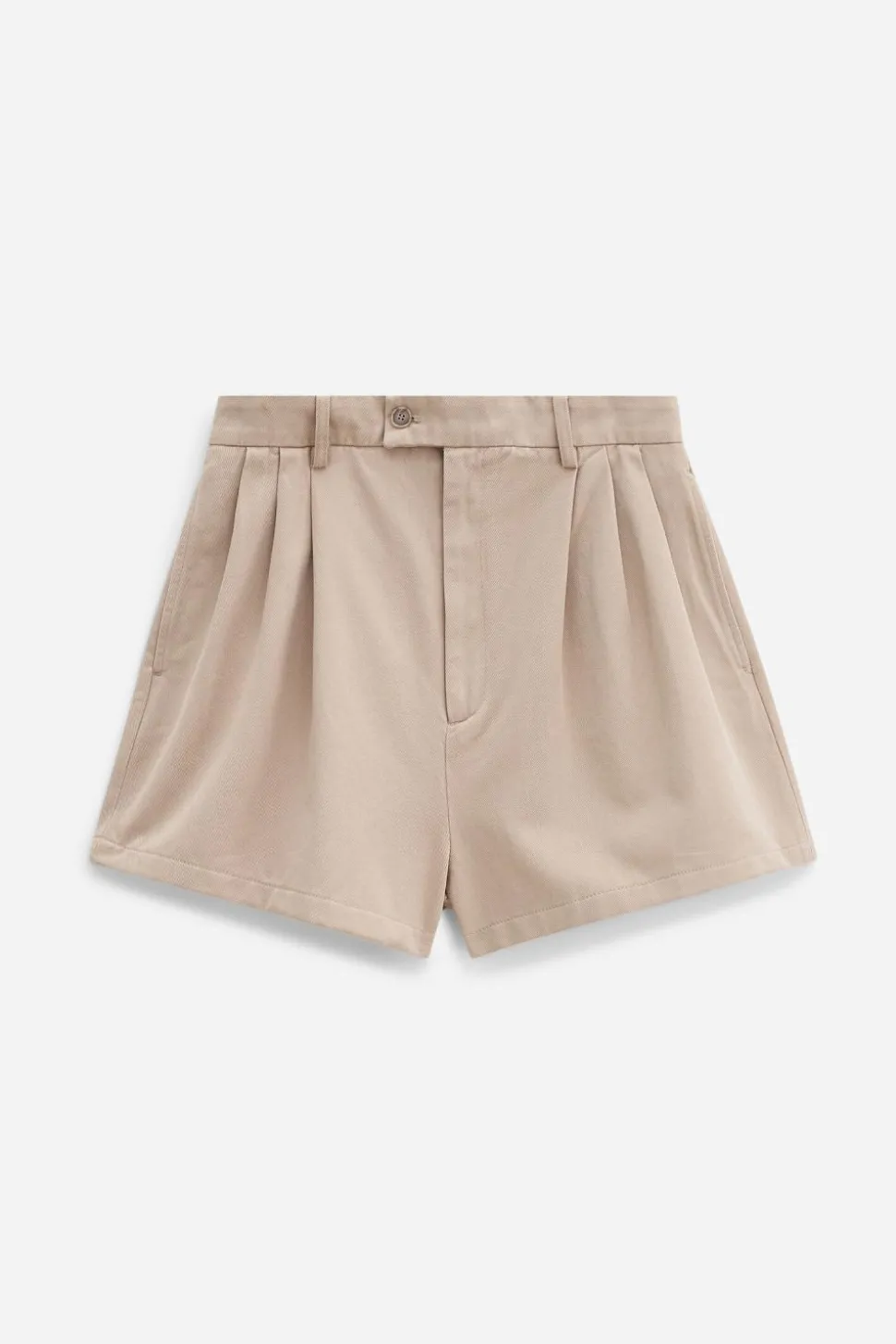 High Waist Pleated Cotton Shorts Canvas Beige