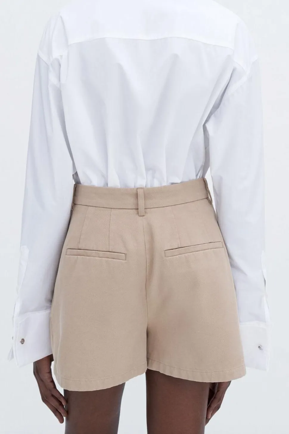 High Waist Pleated Cotton Shorts Canvas Beige