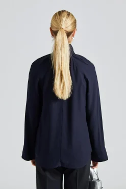 High-Neck Crepe Blouse Navy