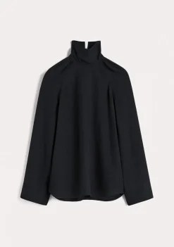 High-Neck Crepe Blouse Navy