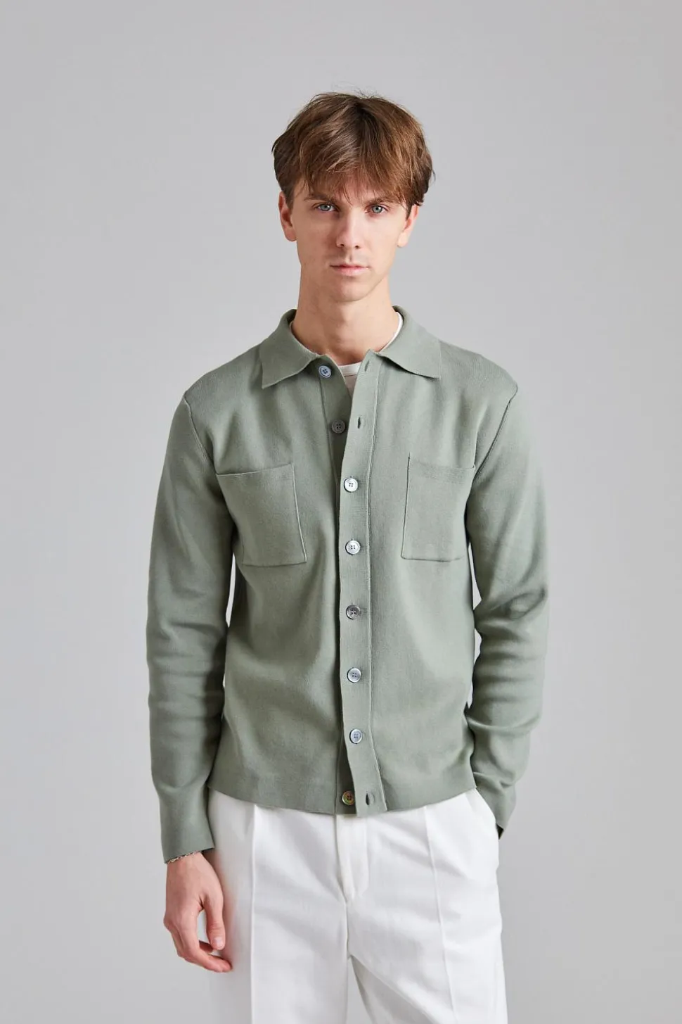 Knitted Cotton Shirt Jacket Salvia