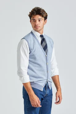 Knitted Pepita Merino Vest Light Blue Check