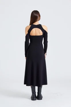 Melange Open Back Midi Dress Black