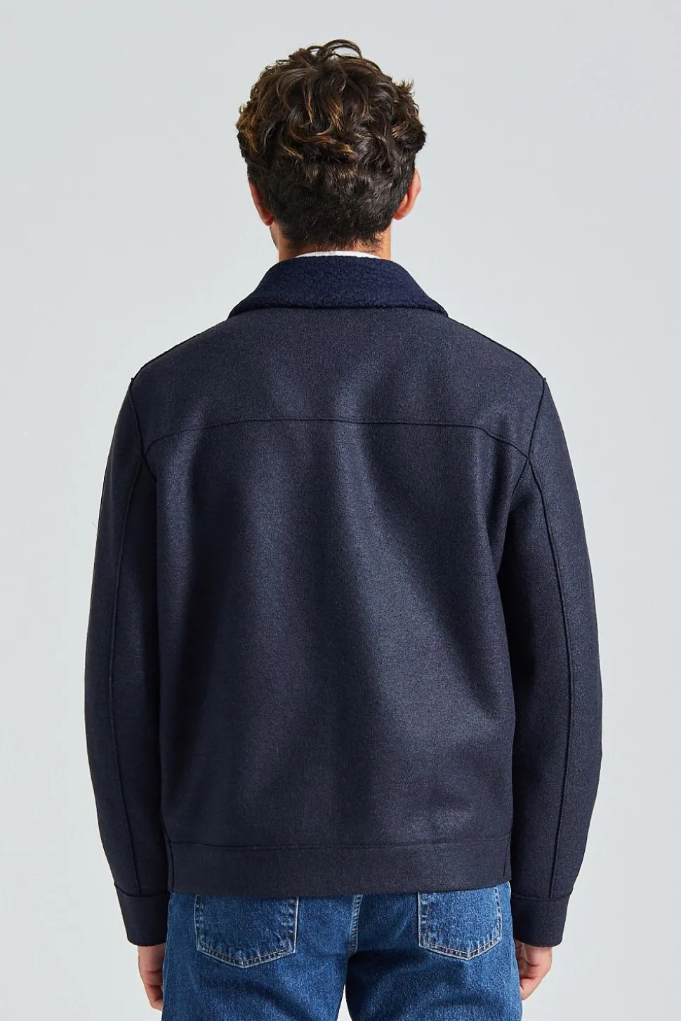 Men Golf Jacket Pressed Wool and Boucle Navy Blue