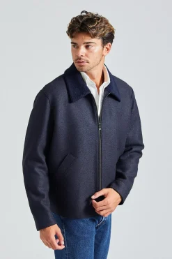 Men Golf Jacket Pressed Wool and Boucle Navy Blue