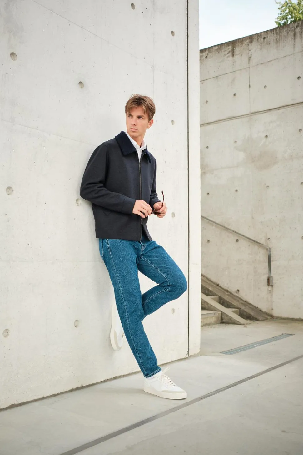Men Golf Jacket Pressed Wool and Boucle Navy Blue