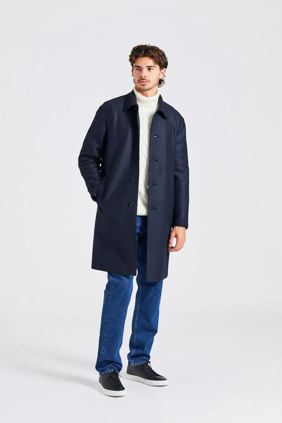 Men Mac Coat Pressed Wool Dark Blue
