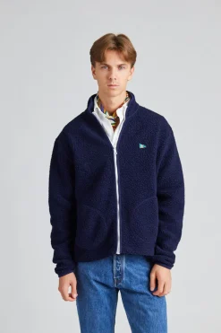 Navy Boucle Wool Zip Fleece Jacket