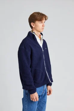 Navy Boucle Wool Zip Fleece Jacket