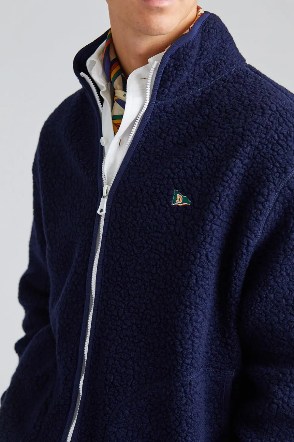 Navy Boucle Wool Zip Fleece Jacket
