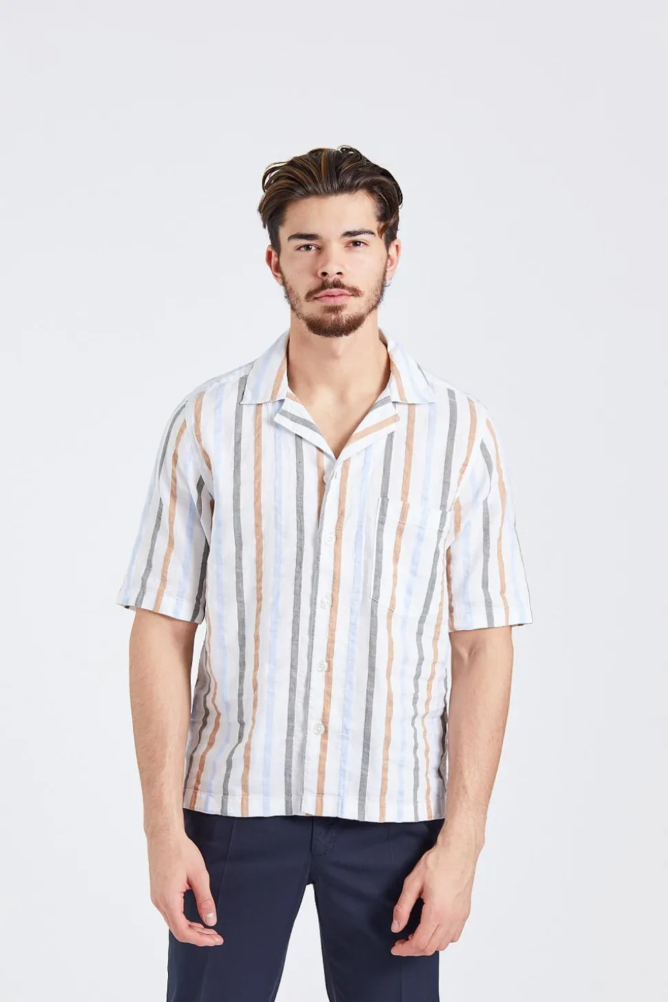 Reg Fit Cuban SS Multi Stripe Optical White