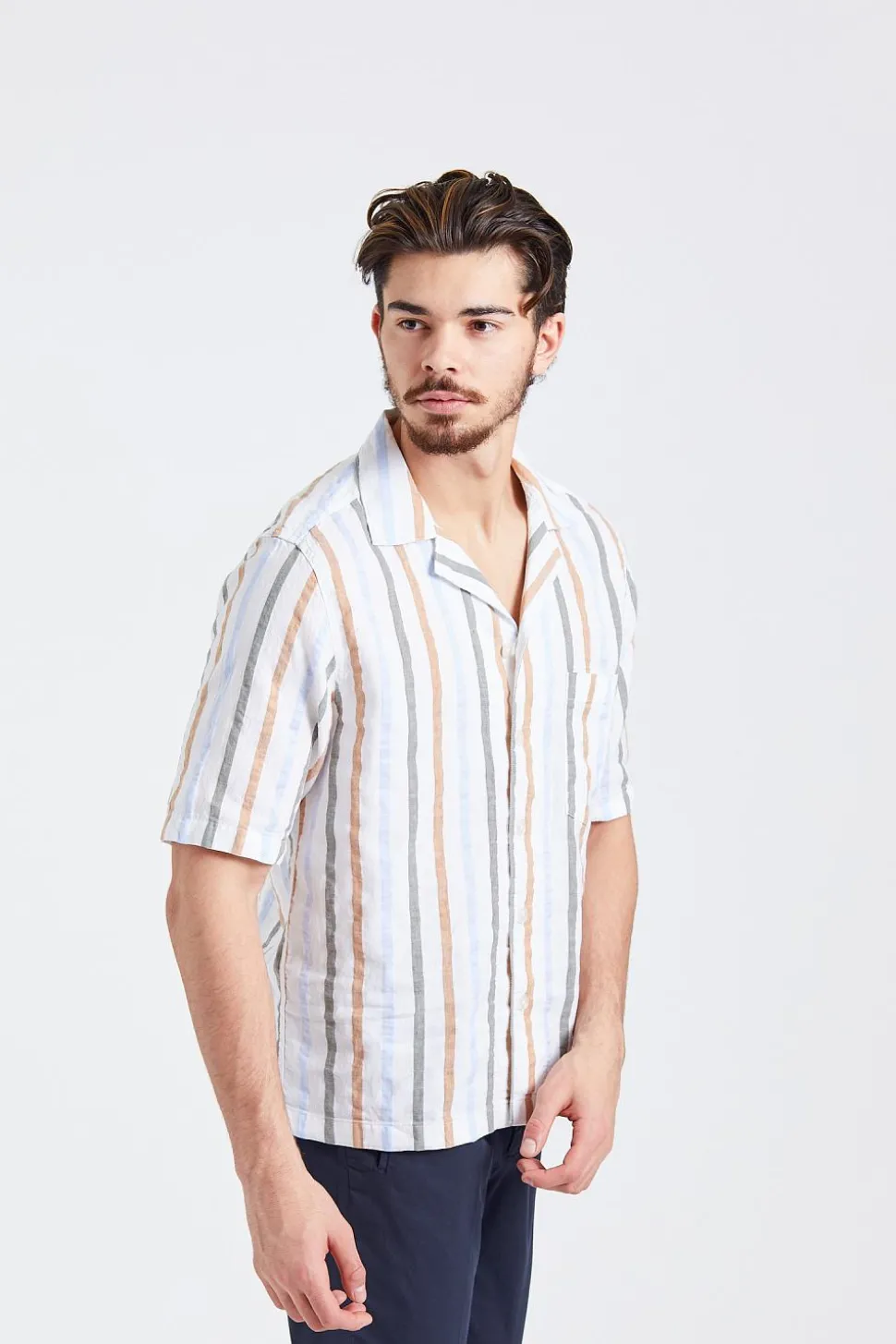 Reg Fit Cuban SS Multi Stripe Optical White