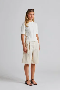 Relaxed Pleated Cotton Linen Shorts Cream White
