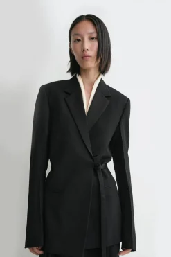 Satin-Lapel Wrap Blazer Black