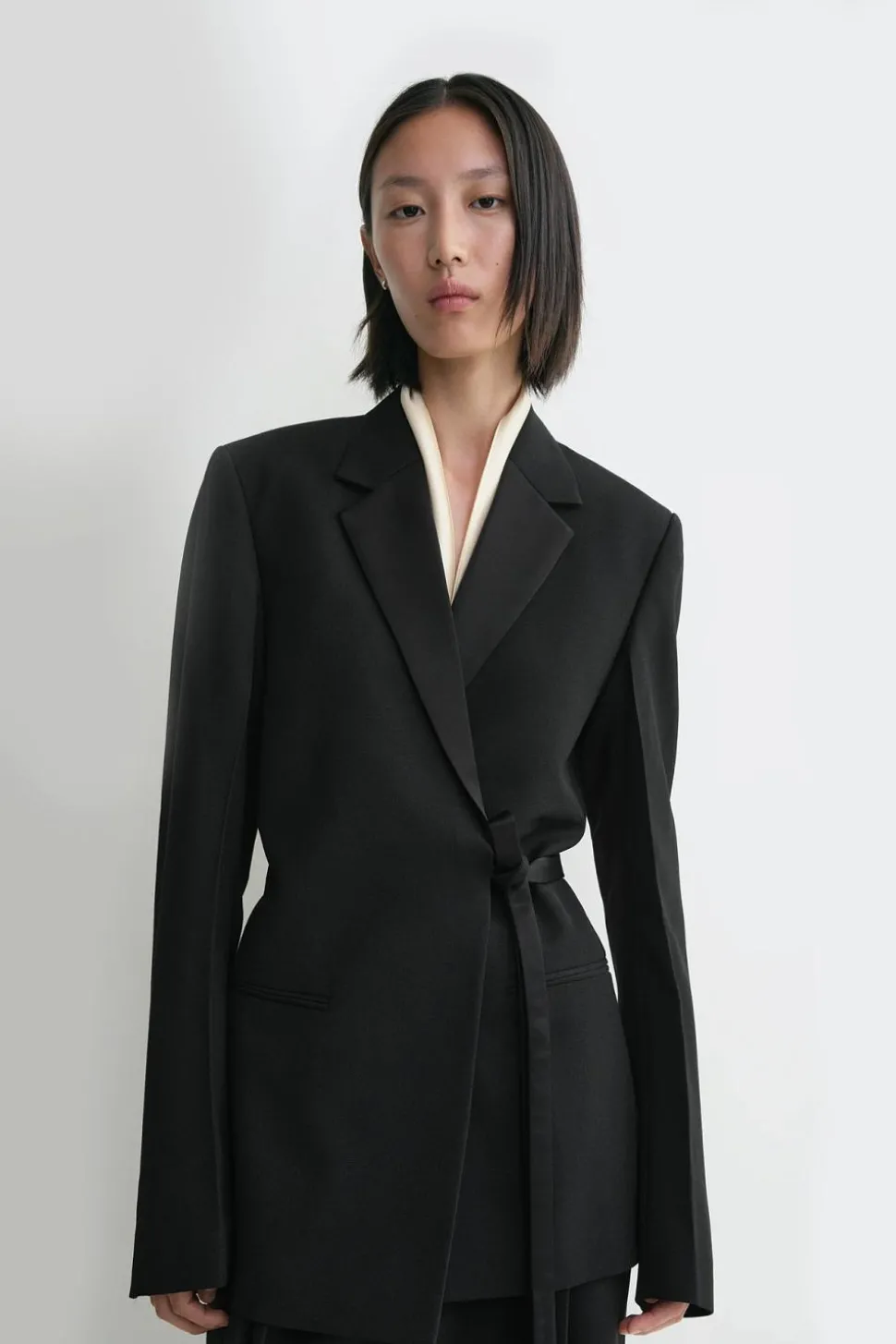 Satin-Lapel Wrap Blazer Black