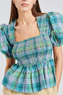 Seersucker Check Smock Blouse Lagoon