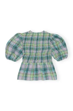 Seersucker Check Smock Blouse Lagoon