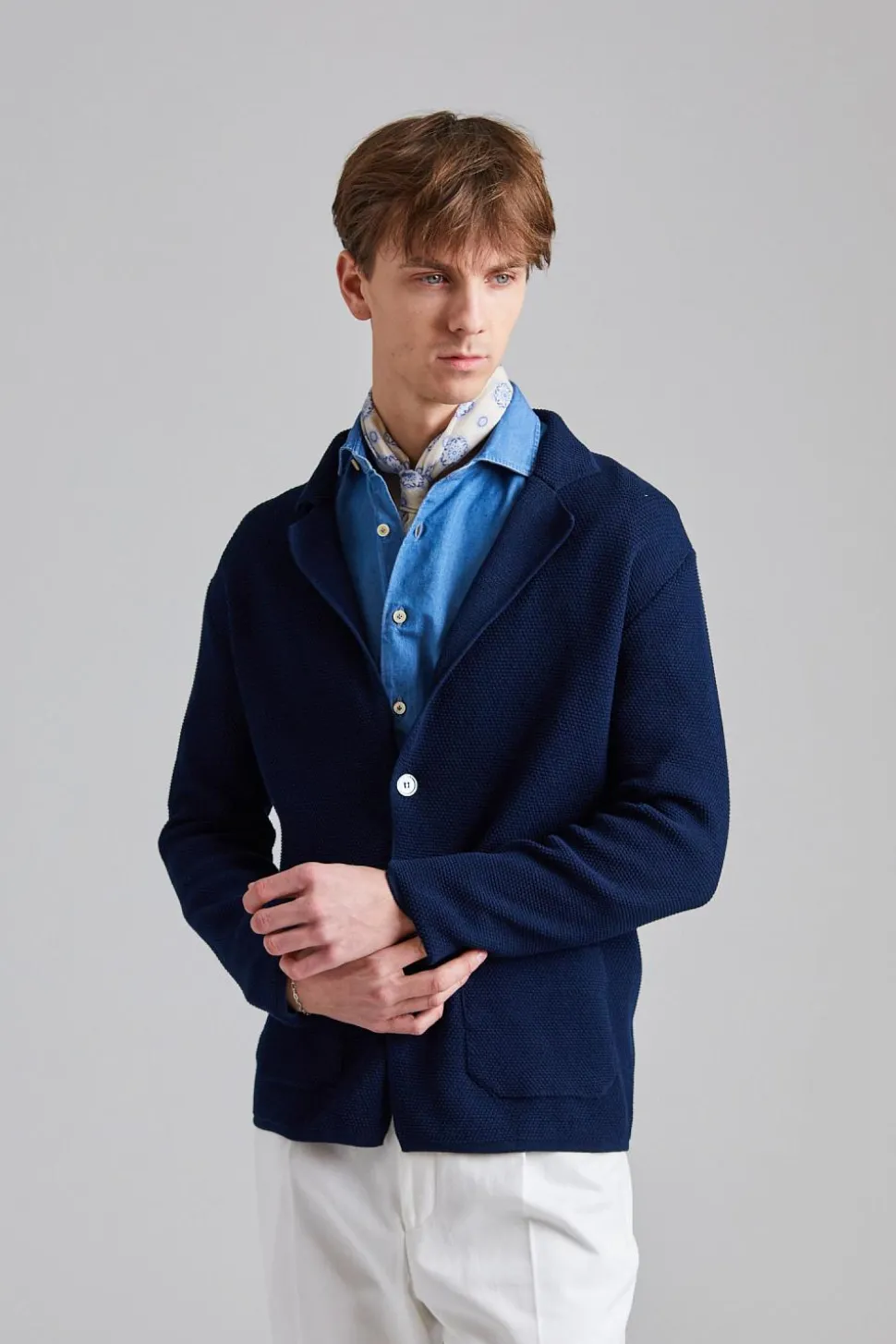 Strutured Cotton Knit Blazer Blue