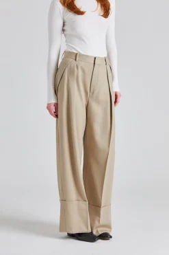 Wide Leg Turn Up Trouser Almond