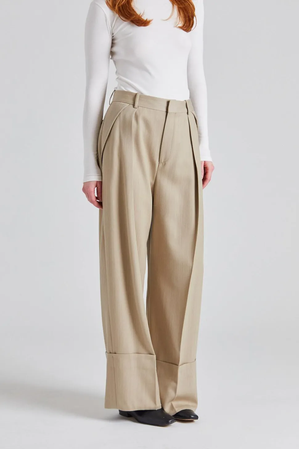 Wide Leg Turn Up Trouser Almond