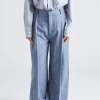 Wide Pleated Striped Trousers Grey Blue Stripe