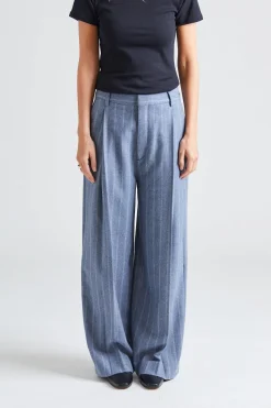 Wide Pleated Striped Trousers Grey Blue Stripe