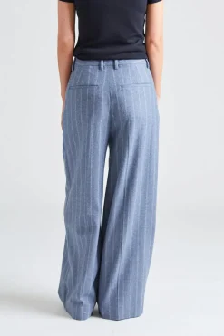 Wide Pleated Striped Trousers Grey Blue Stripe