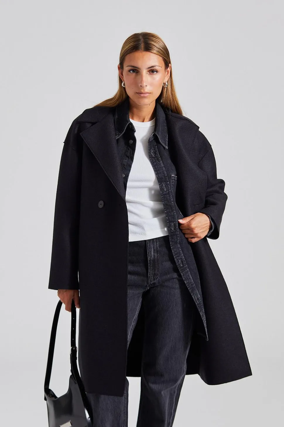 Women Dropped Shoulder D.B. Coat Pressed Wool Black