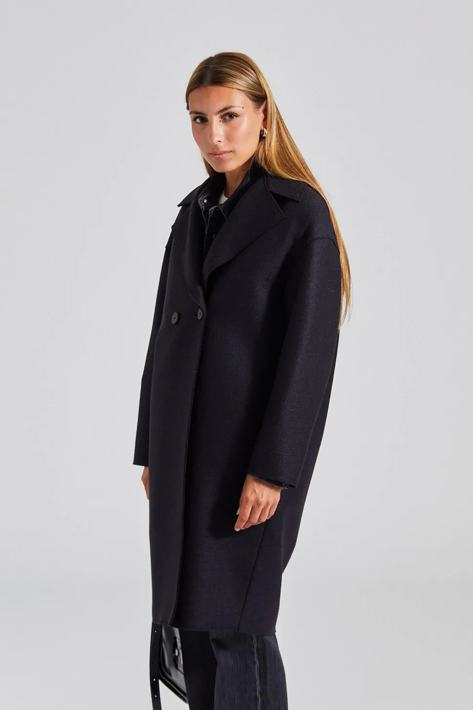 Women Dropped Shoulder D.B. Coat Pressed Wool Black