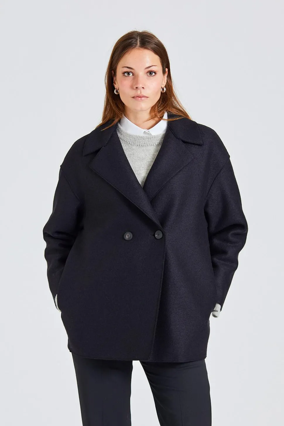 Women Dropped Shoulder D.B Jacket Pressed Wool Black