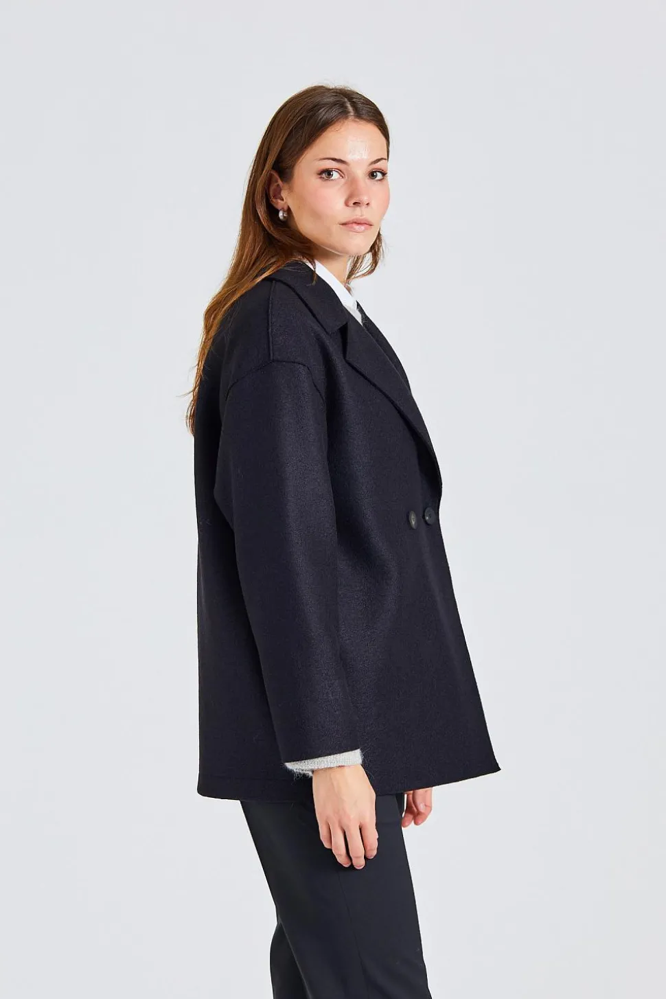 Women Dropped Shoulder D.B Jacket Pressed Wool Black