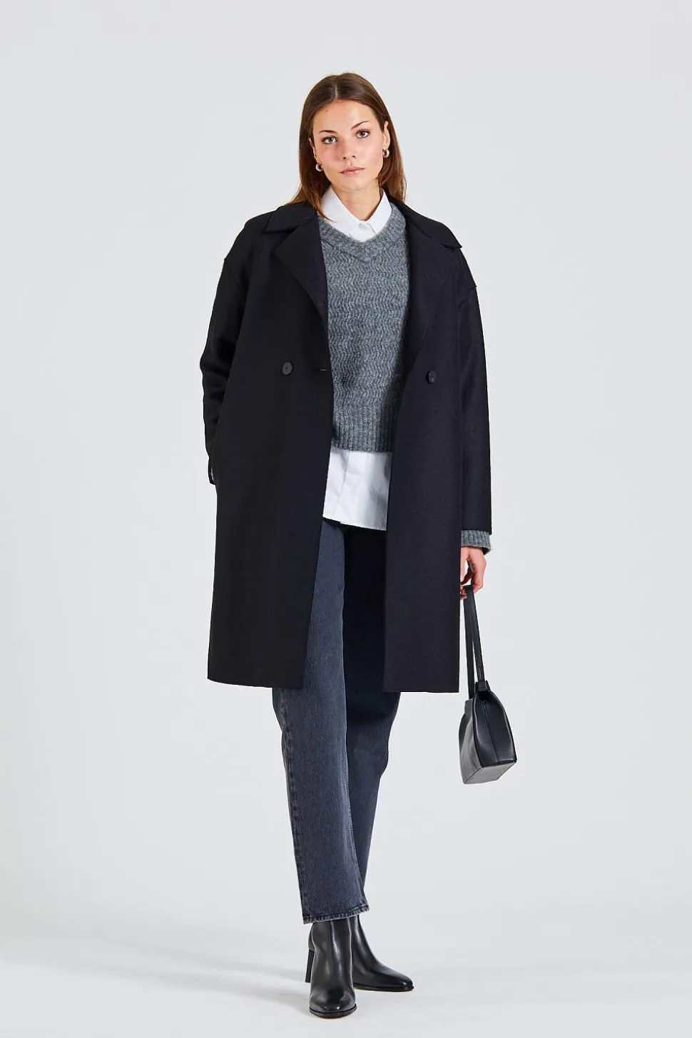 Women Dropped Shoulder D.B. Coat Pressed Wool Black