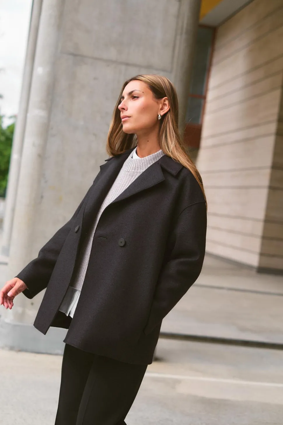 Women Dropped Shoulder D.B Jacket Pressed Wool Black